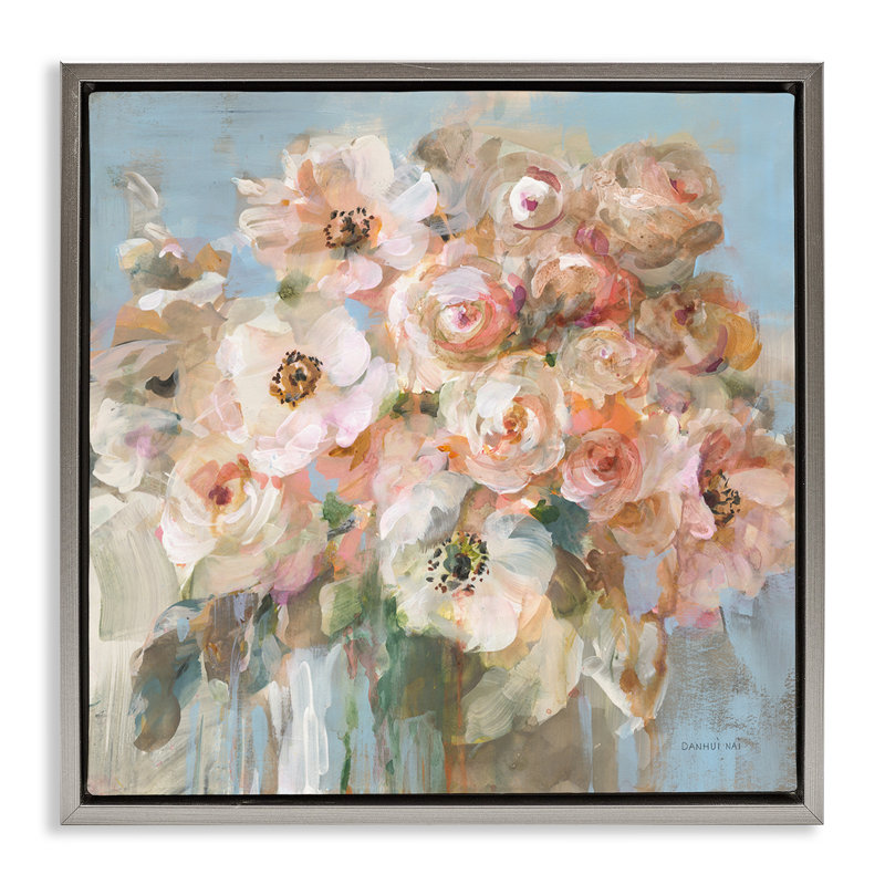 Bouquet de roses, blanc, floral, Cadre flottant gris lustré, H 25 po x l 25 po