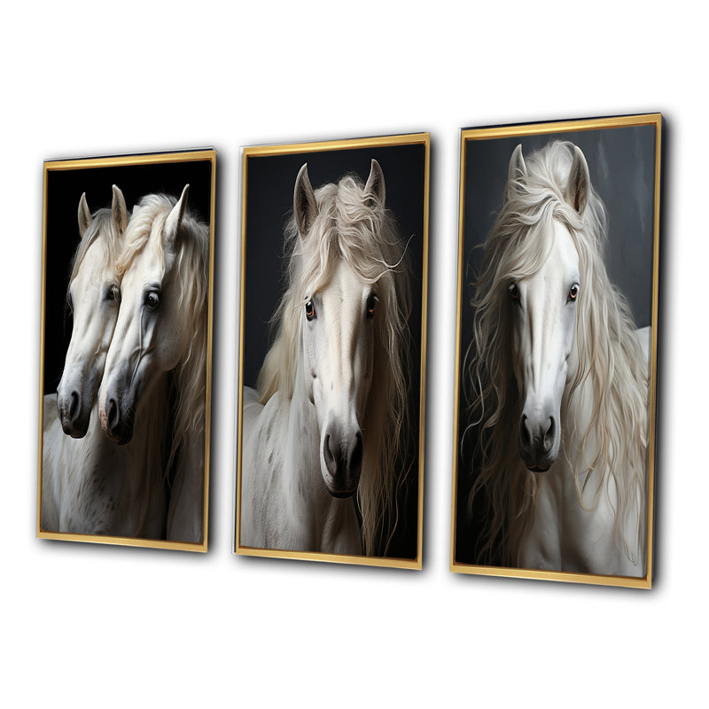«White Horse Whispering Whinnies», 3 pièces sur toile, Encadrement doré, H 40 po x l 60 po