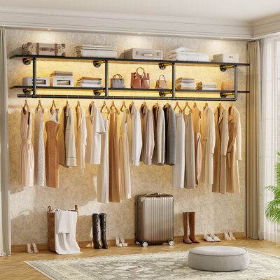 73-Inch Clothes Rack With Top Shelf, 2 Tiers Wall Mounted Shelves With Hanging Rod For Laundry Room