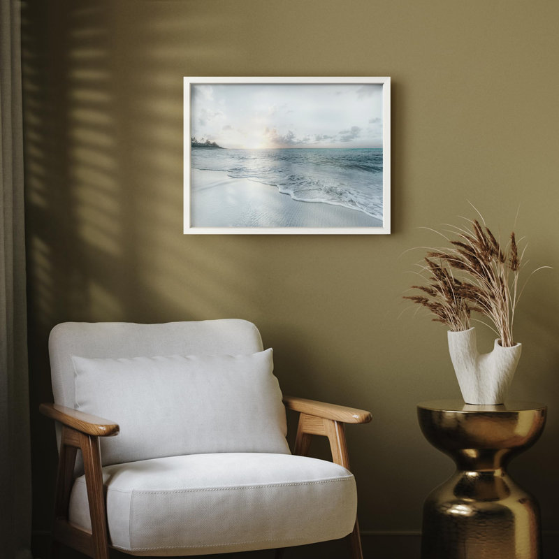 Petit coucher de soleil sur la plage, océan, Illustration moderne, petit décor, œuvre d'art moderne, H 11 po x l 14 po, Blanc