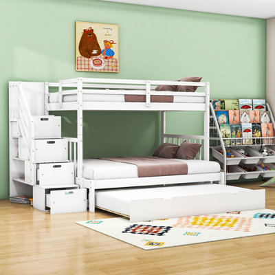 Twin Over Full Wooden Bunk Bed With Storage Staircase, Twin Trundle And Drawers