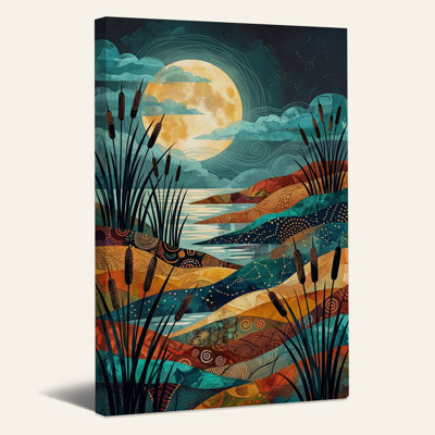 Art mural sur toile Moonlit Lake avec quenouilles et ciel étoilé