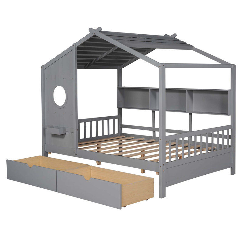 Lit double gris en bois pour enfants avec 2 tiroirs et tablette de rangement, Lit double