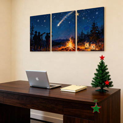 Ensemble de 3 toiles murales « Ciel étoilé avec météore et feu de camp » pour salon, chambre ou espace extérieur.