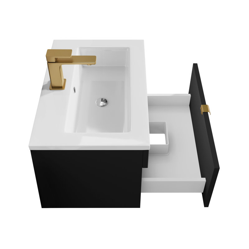 Meuble-lavabo mural moderne de 24 po Loft Collection - Poignées noires / dorées, 24", Noir/or