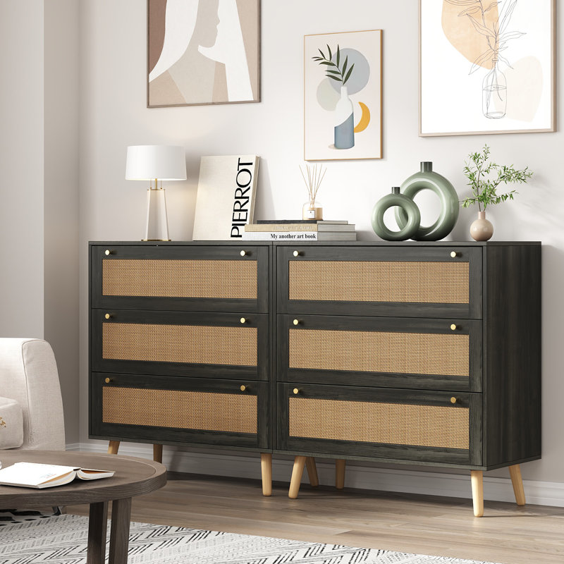  Boho 31.5" Wide 3-Drawer Rattan Dresser , Natural Rattan Storage Chest with Solid Wood Legs for Bedroom, Hallway, Living Room  (Set of 2)