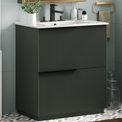Bathroom Vanity with Ceramic Sink, 2 Drawers and metal handles