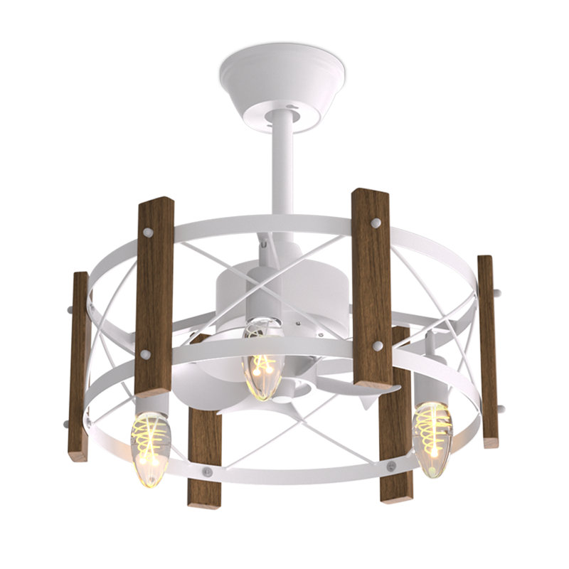 19" Flush Mount Caged Ceiling Fan with Remote, Reversible Low Profile Ceiling Fan without Light Bulb, White/Brown
