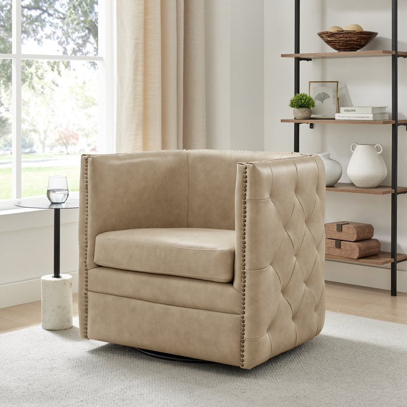 Calzada 31" Top Grain Leather Swivel Armchair, Beige 