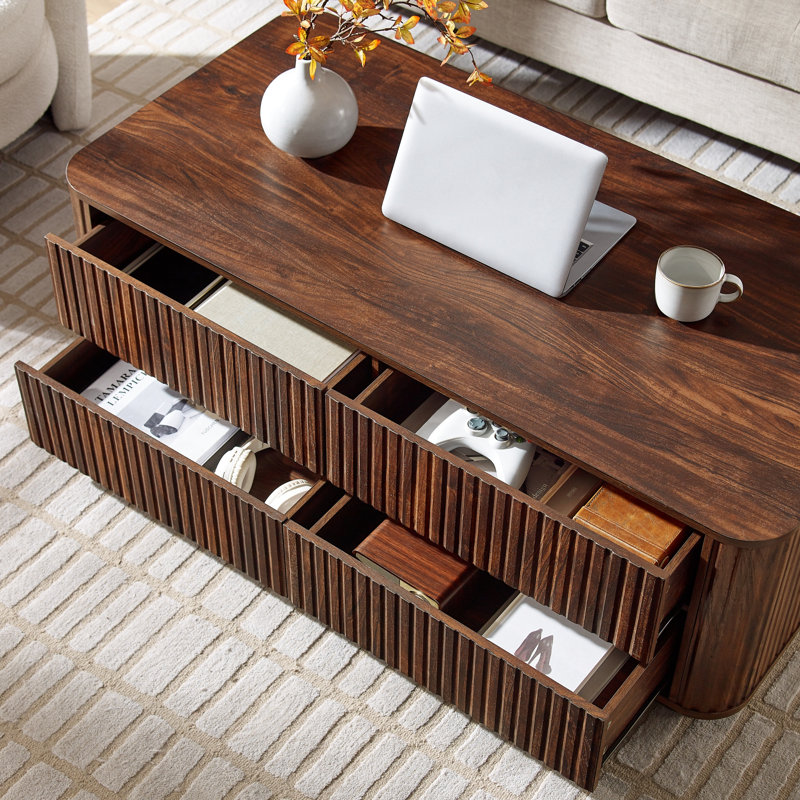 52"W Fluted Coffee Table with 4 Drawers, Dark Walnut