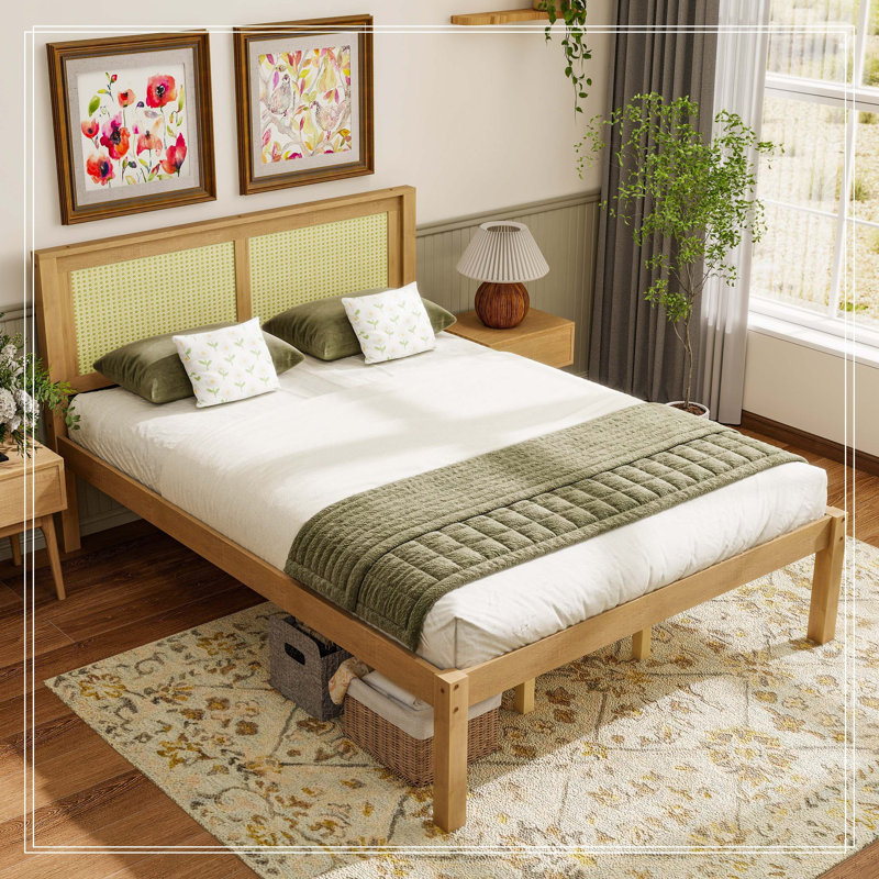 Grand lit plateforme en bois massif avec tête de lit en rotin, cadre de lit bohème de style campagnard, rangement sous le lit, aucun sommier nécessaire, bois naturel