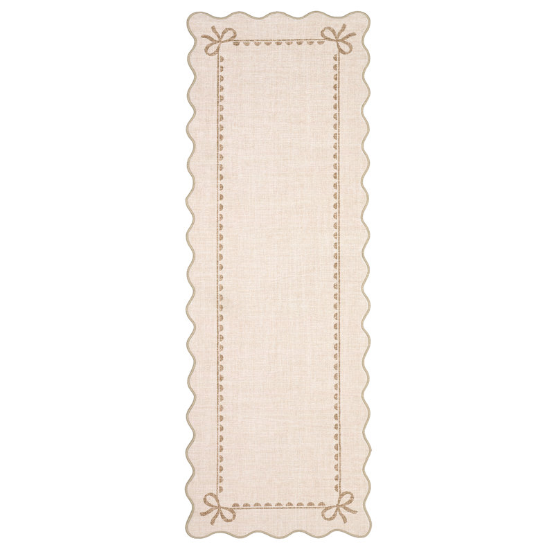 2x6 Scalloped Beige Runner Rugs for Hallway Kitchen Non Slip Washable Area Rug, Soft Low Pile Stain Resistant Non-Shedding Bow Rug Runners for Bedroom Bathroom Entryway