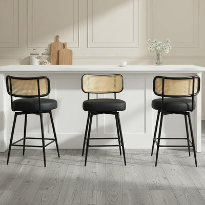 Swivel Upholstered Counter Stools With Rattan Back