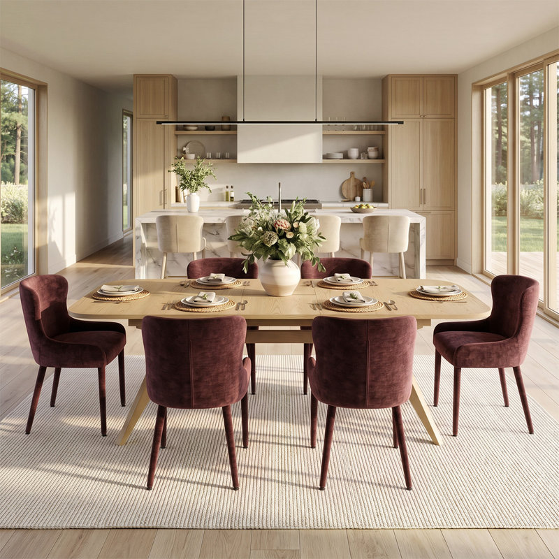 Ensemble de table de salle à manger extensible en placage de bois de 78 à 96 po avec 6 fauteuils à oreilles en chenille, Wine