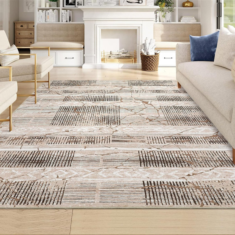Tapis lavable 5 x 7 - Marbre vieilli Boho style campagnard ultra-mince gris clair Parfait pour le salon, la chambre à coucher, le bureau et la salle à manger.