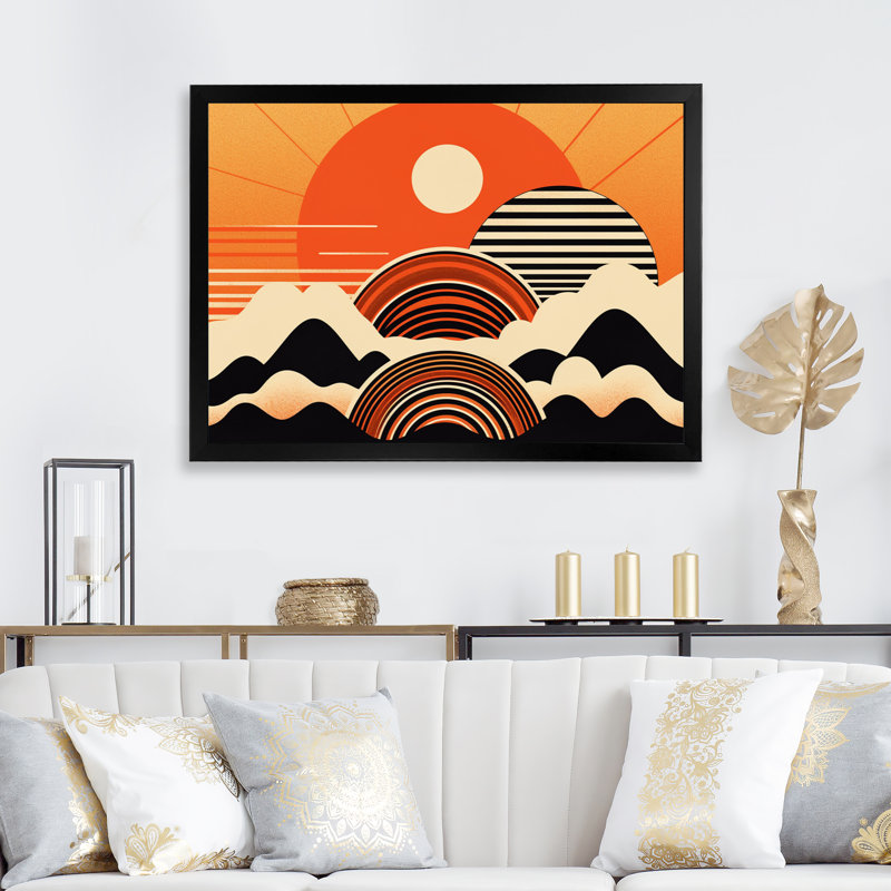 Soleil orange assis sur un sommet de montagne V sur toile, Cadre simple noir, H 12 po x l 20 po x P 1 po