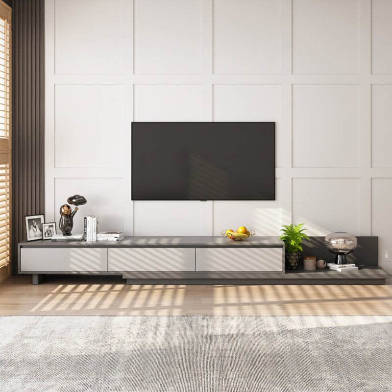 TV Stand with 3 Drawers | Extendable TV Unit 200-330cm | 3 Colour Options: Walnut, Grey, Dark Walnut | for Living Room & Bedroom（Grey）