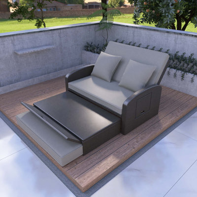 Grey Wicker Rattan Double Chaise Lounge With Cushions