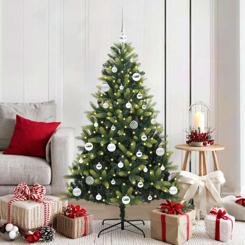Artificial Hinged Christmas Tree 150 LEDs Green, 4.92' H, Silver