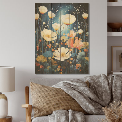 Beige et bleu, croissance symbolique en fleurs, sérénité - Plantes, art sur bois de pin naturel