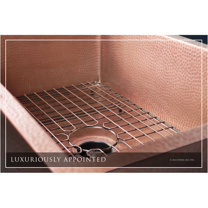 Fossil Blu Luxury 33" 12-Gauge Hammered Copper Undermount/Drop-In Sink, Medium Patina, Incl Accs