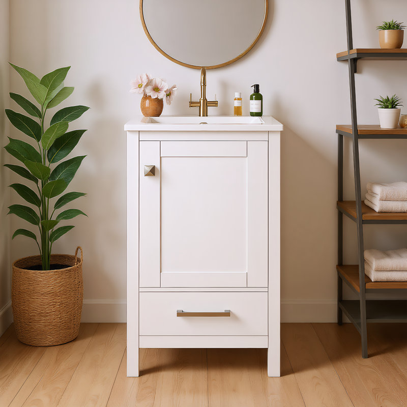 Meuble-lavabo moderne de 18 pouces avec lavabo en céramique, tiroirs à fermeture en douceur et organisateur de porte, tiroir de séparation et patins réglables en plastique - solution de rangement compacte pour les espaces étroits