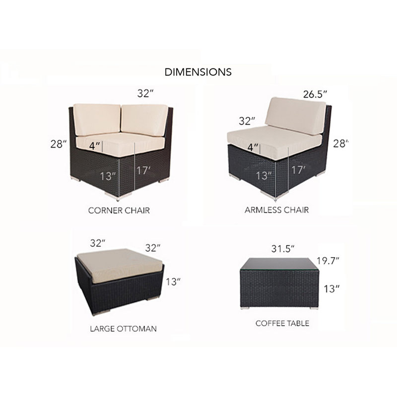 Ensemble de conversation en osier pour 4 personnes avec coussins Billyjo, Noir, Supercrylic beige