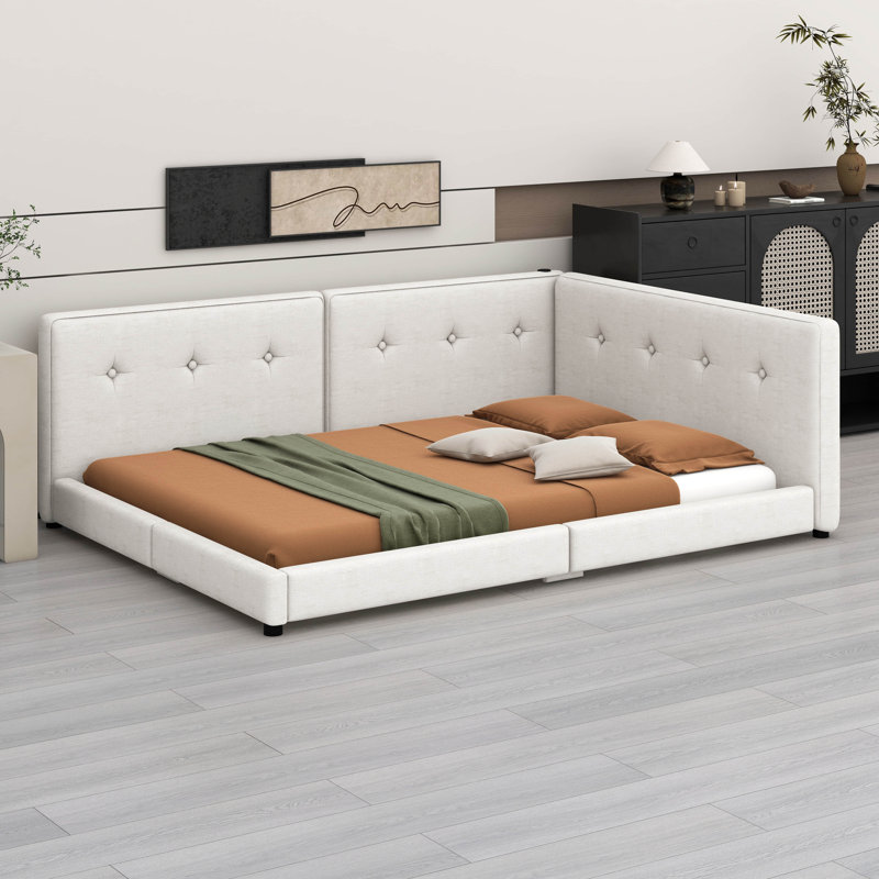 Lit plateforme tapissier beige avec port USB, Lit double
