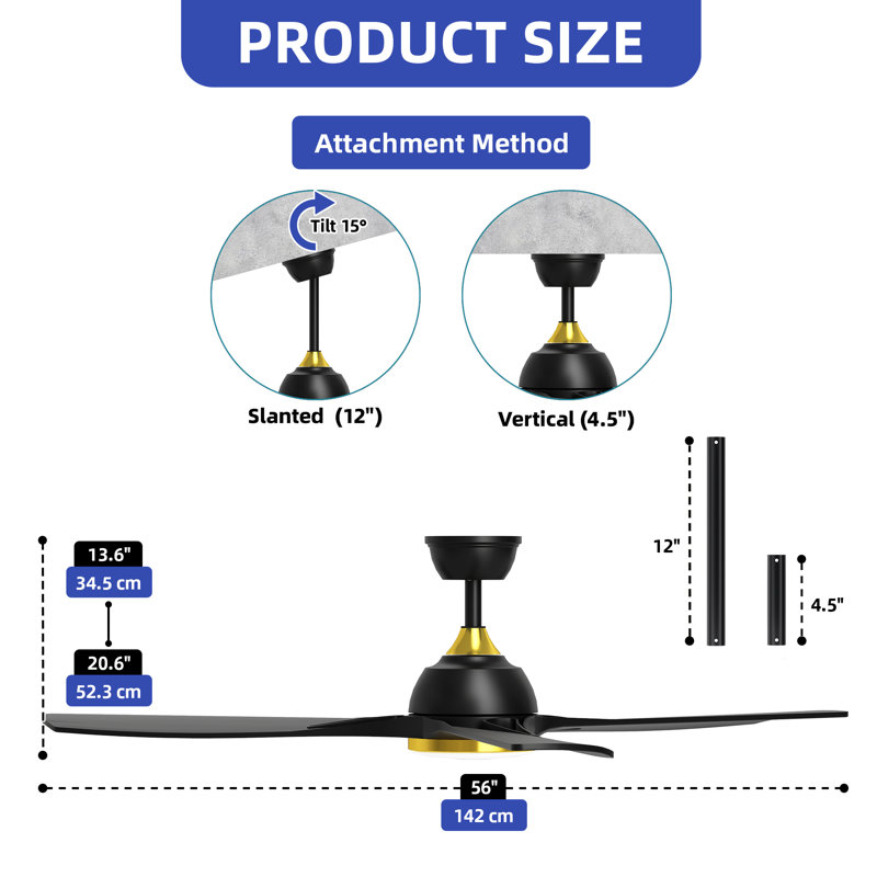 56-Inch Ceiling Fan with LED Light, App & Remote Control, Reversible DC Motor, Black, Gold/Black