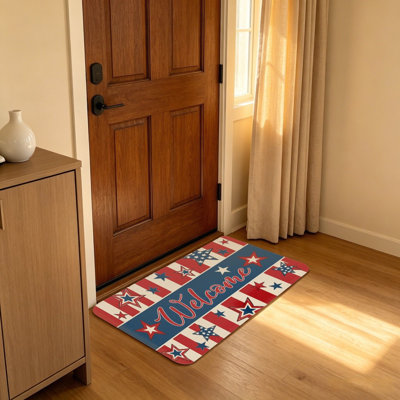 Tapis de bienvenue patriotique à rayures et étoiles rouge et bleu 20 po x 32 po