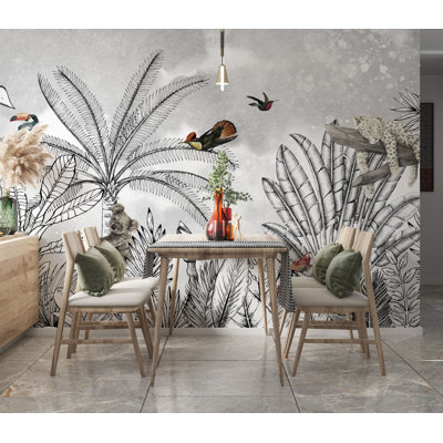 Murale jungle noire et blanche tropicale | Papier peint adhésif neutre sépia botanique | Décoration murale de salon amovible