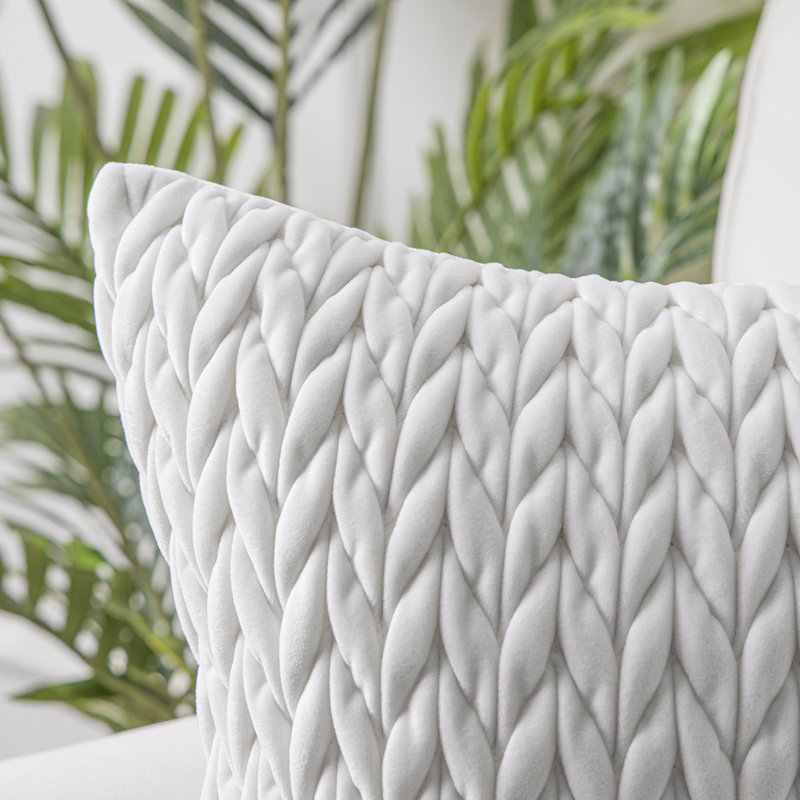 Velvet Quilted Throw Pillows, Braided Textured Decorative Cushion, White, Rectangle 12"H x 20"W