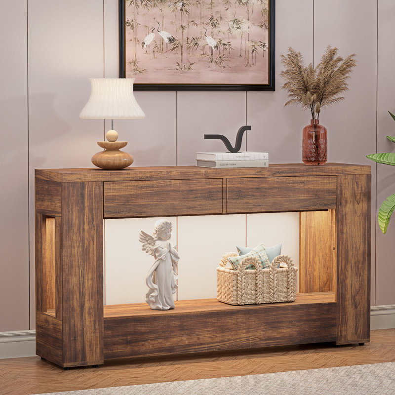 55 Inch Entryway Table With Drawers & Led Lighting, Farmhouse Sofa Table, Long Narrow Hallway Table For Living Room, Entrance, Family Room,rustic Brown
