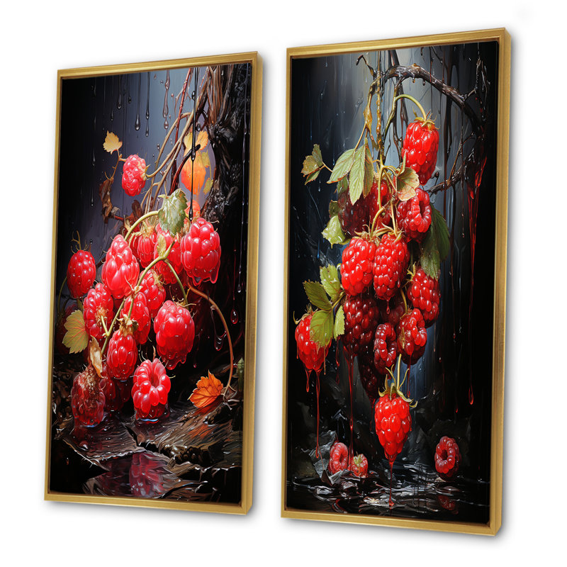 Rubis en relief, fruit framboise - ensemble d'art mural sur toile 2 fruits, H 40 po x l 41 po, Encadrement doré