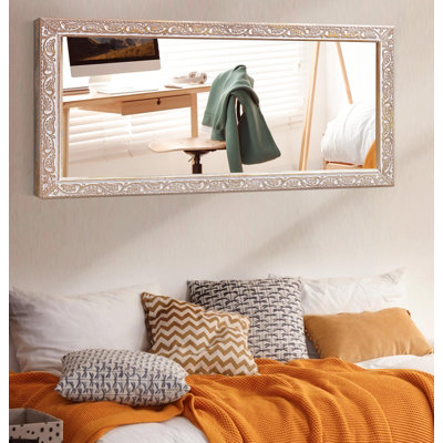 Rustic White Antique Solid Wood Wall Mirror, 48" x 24"