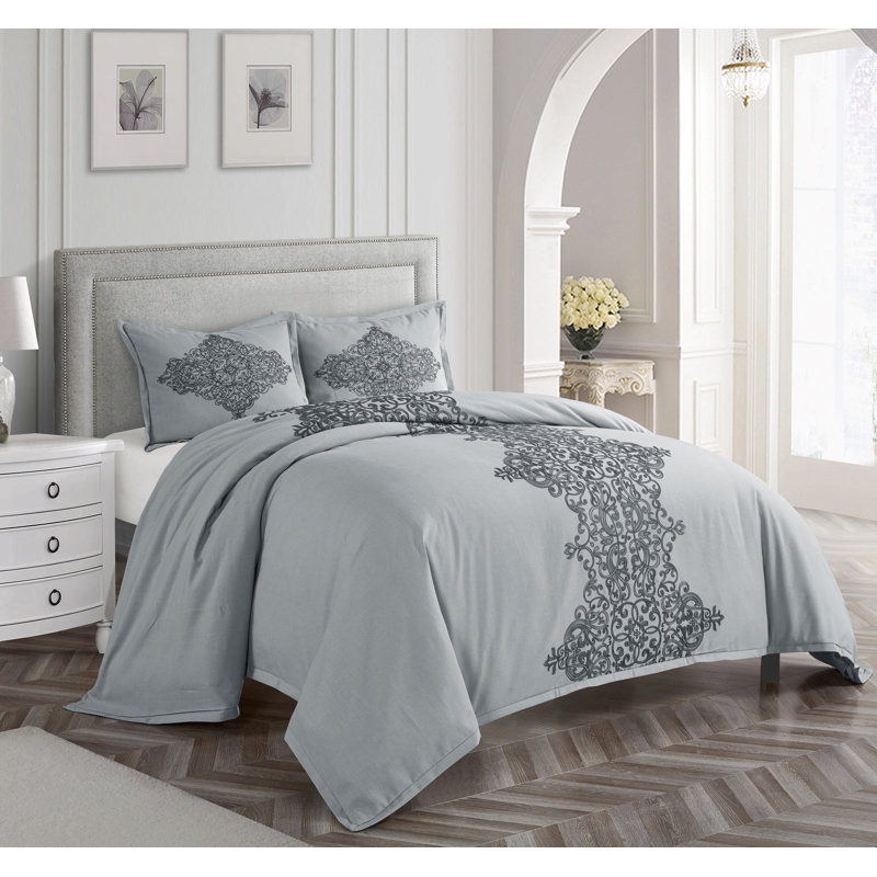 Essex 3-Piece Comforter Set, Gray, Queen Comforter + 2 Shams