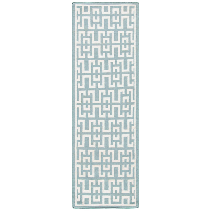 Rodgers Flat Weave Banana Silk/Wool/Cotton Geometric Rug in Seafoam/Ivory, Runner 2'6" x 8'