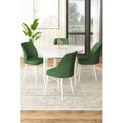 Ensemble de table et chaises de salle à manger moderne 5 pièces, blanc et kaki | Table en carton 100% mélaminé, table: 35,4 po x 29,5 po x 35,4 po | Chaises: 17,7 po x 36,6 po x 16,5 po | Pieds en bois durables et structure en métal, sièges en mousse confortables, design scandinave