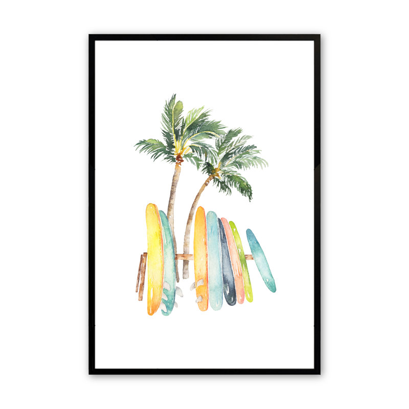 «Brierfield Surfboard Against The Trees», impression encadrée sur papier par Lauren Thomas, Noir satiné