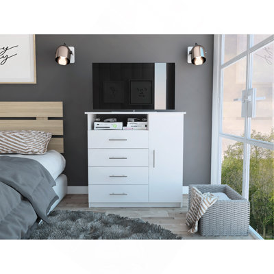 4 Drawer Dresser, Single Door Cabinet, One Open Shelf, Superior Top -White