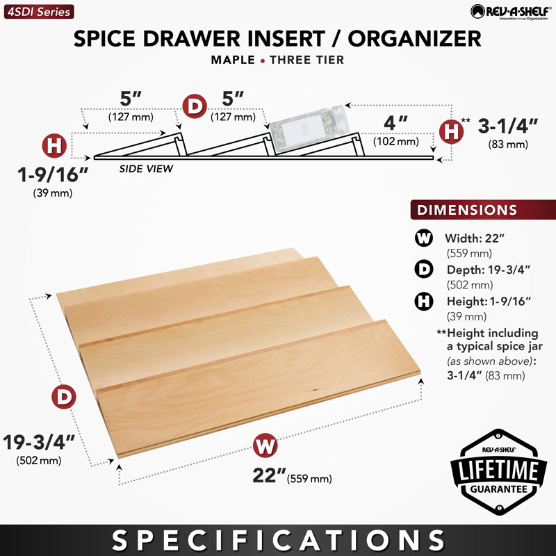 Rev-A-Shelf Walnut Trim to Fit Spice Drawer Insert Organizer, 1.56" H x 22" W x 19.75" D