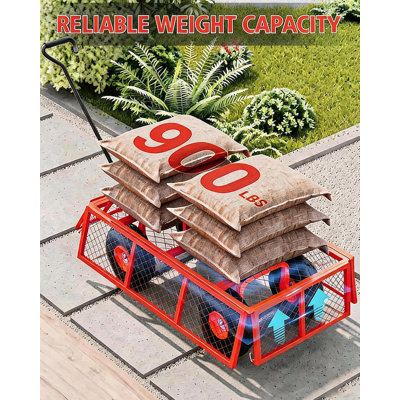 Chariot de jardin en acier robuste de 900 lb - côtés amovibles, poignée 2-en-1, pneus de 13 po, plateau plat en filet polyvalent, facile à assembler, rouge | 900 lb
