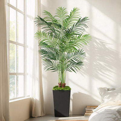 7FT  Tall Faux Palm Tree - Black Potted Fake Palms - Large Faux Palm Plant for Indoor Coastal Tree Decor, Modern Living Room & Office