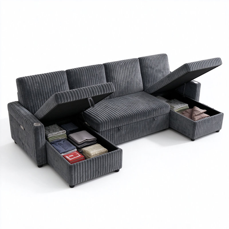 Très grand canapé-lit modulaire en forme de U 107 po en velours côtelé avec lit coulissant et chaises de rangement doubles, gris foncé