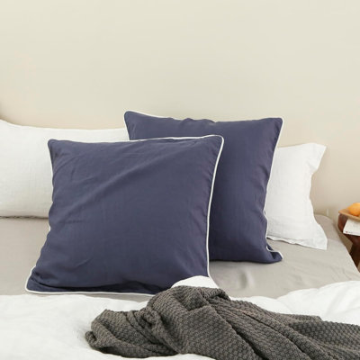 100% Linen Euro Sham Covers With Piping Trim, 26"X26" Pillow Cover Set Of 2