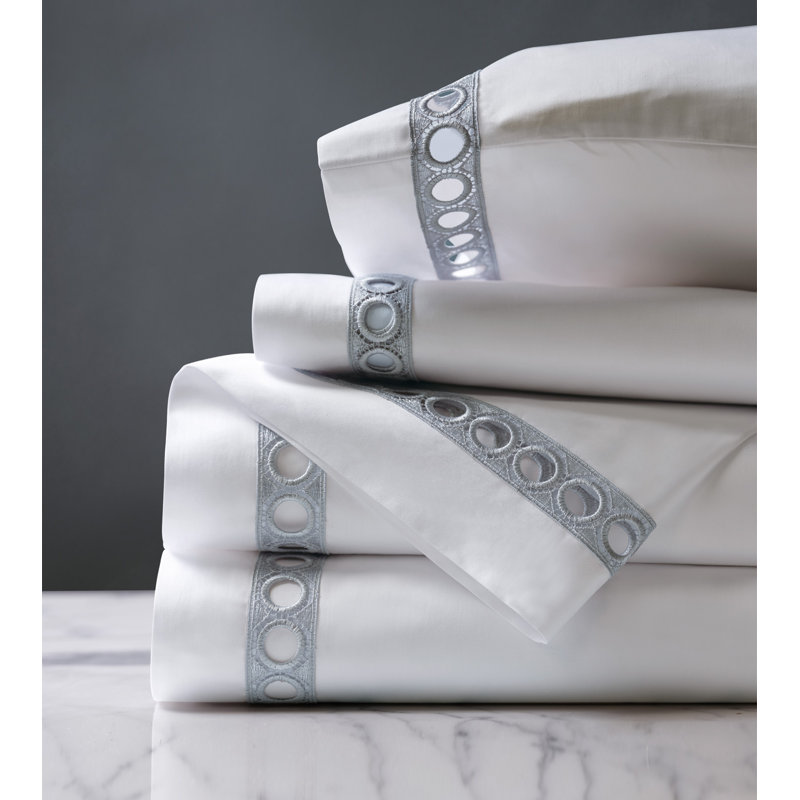 Celine Egyptian Cotton Sateen Sheet Set, King Sheet Set + 2 Pillowcases, White/Silver