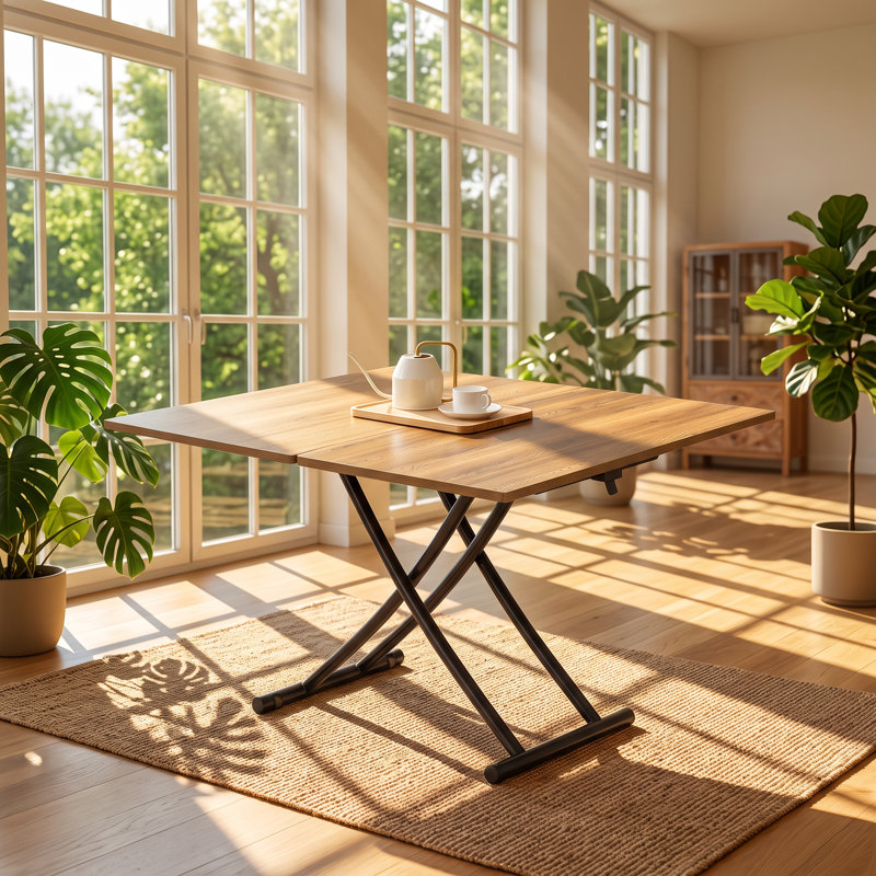 Table basse et de salle à manger multifonctionnelle Droom, hauteur réglable, plateau en MDF imitation bois, dimensions 110 cm (L) x 100 cm (P) x 74 cm (H).