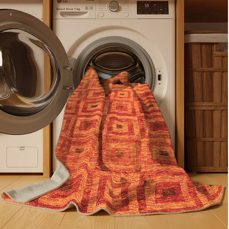 Tapis orange / rouge en chenille / polyester tissé à la machine Miosoty, Rectangle 2 pi x 3 pi