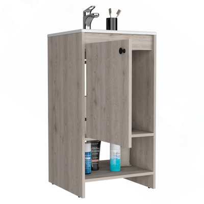 Meuble-lavabo de salle de bain, armoire à une porte, deux tablettes - gris clair