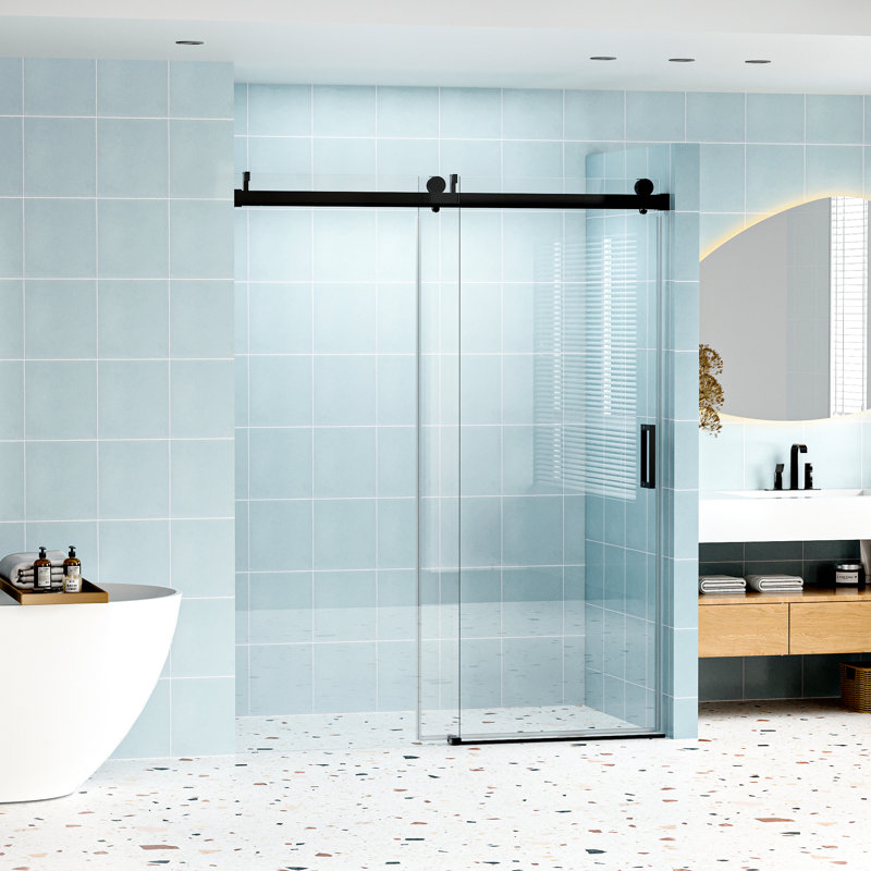 Porte de H 76 po, l 60 po, verre trempé de 1/4 po, noir mat, conception élégante, douche de 55 à 60 po x 76 po, fabrication